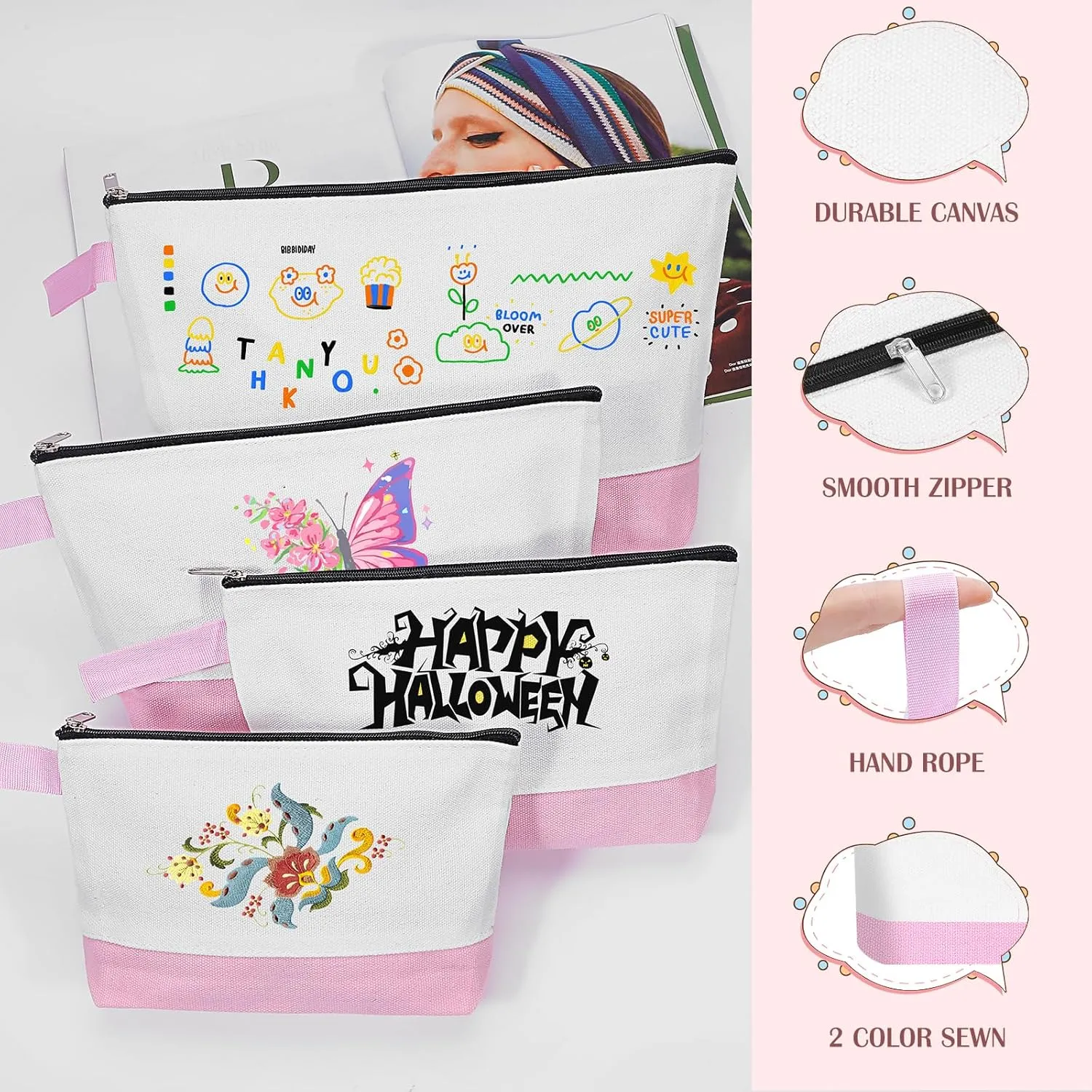 10 Pieces Cotton Canvas Makeup Bag with Bottom and Strap, Multi-Purpose Cosmetic Bag with Zipper Travel Toiletry Pouch, Blank DIY Craft Bag (White&Pink, S)