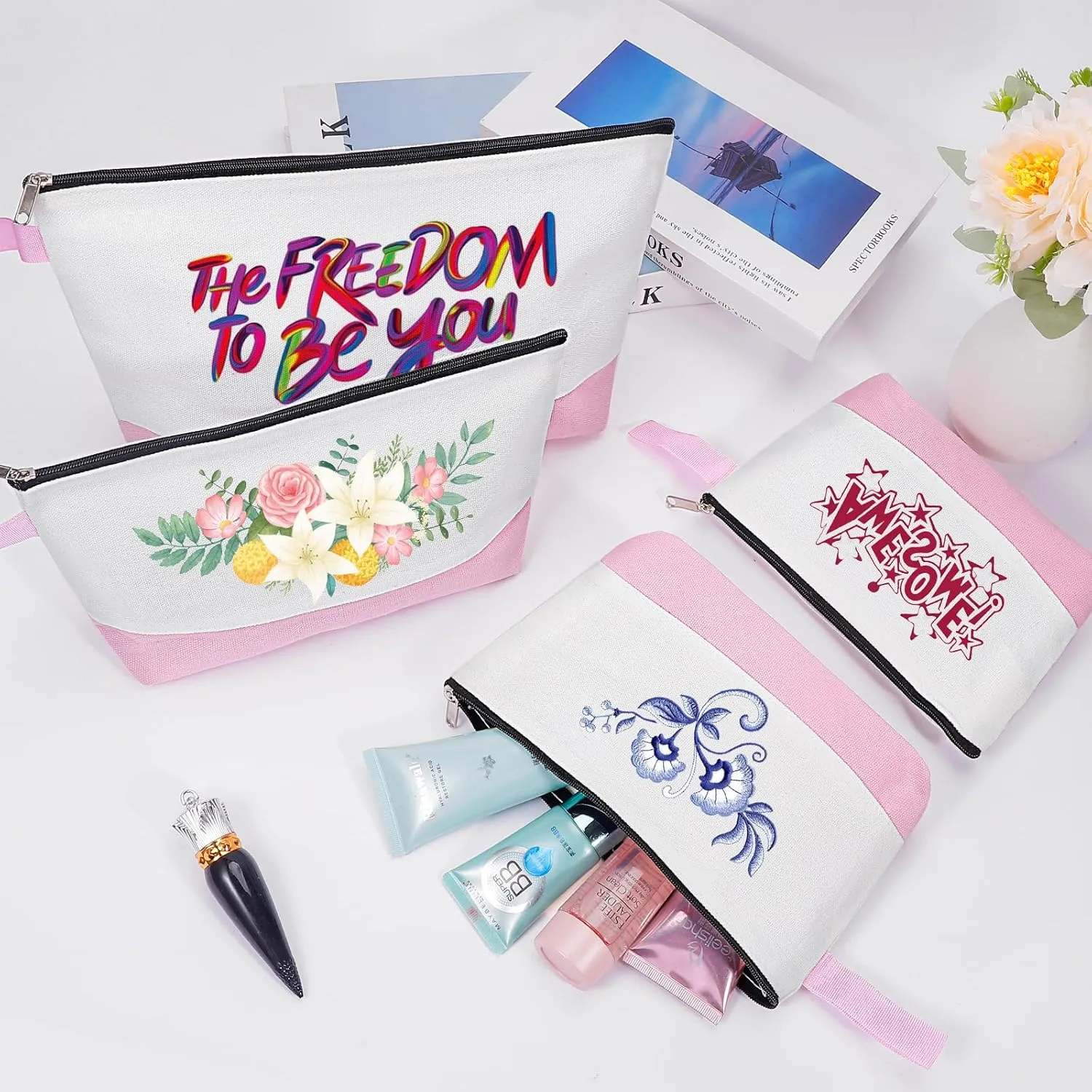 10 Pieces Cotton Canvas Makeup Bag with Bottom and Strap, Multi-Purpose Cosmetic Bag with Zipper Travel Toiletry Pouch, Blank DIY Craft Bag (White&Pink, S)