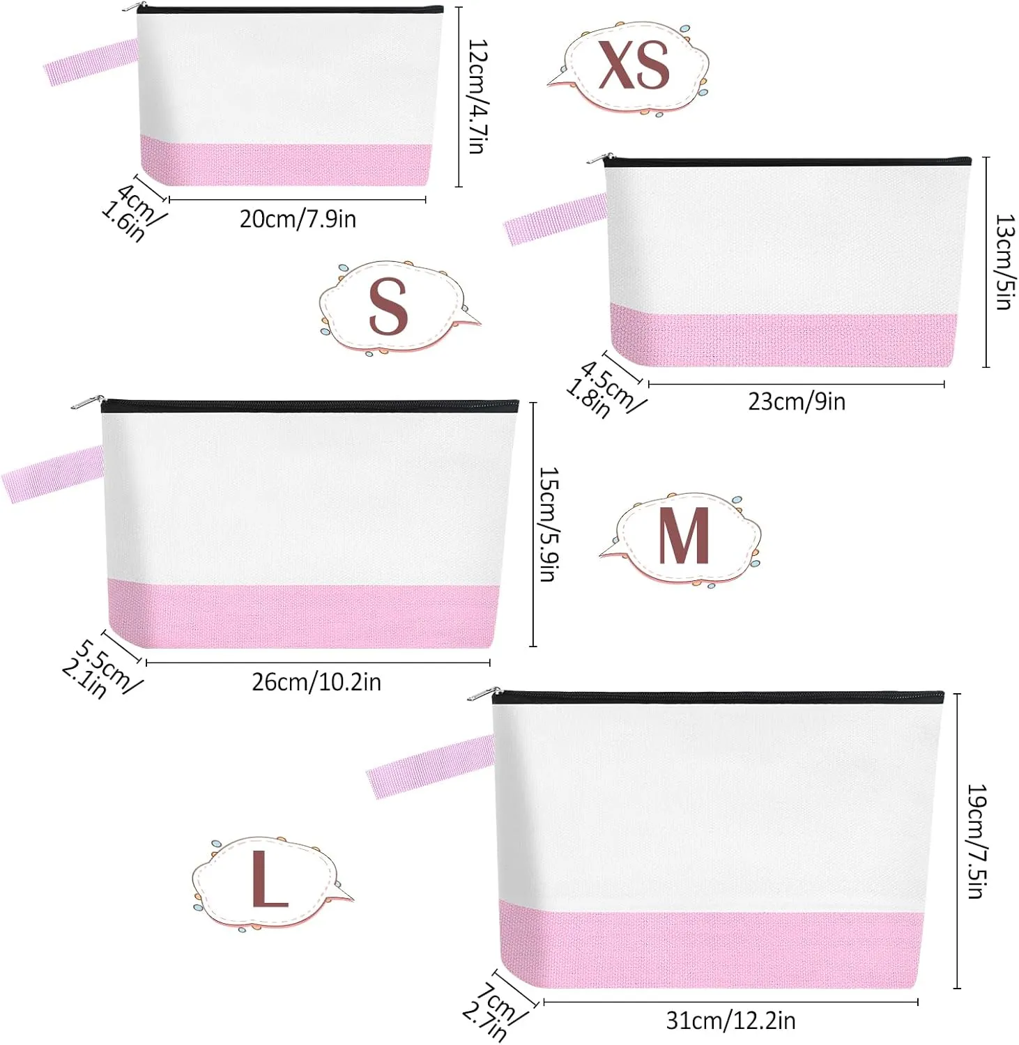 10 Pieces Cotton Canvas Makeup Bag with Bottom and Strap, Multi-Purpose Cosmetic Bag with Zipper Travel Toiletry Pouch, Blank DIY Craft Bag (White&Pink, S)