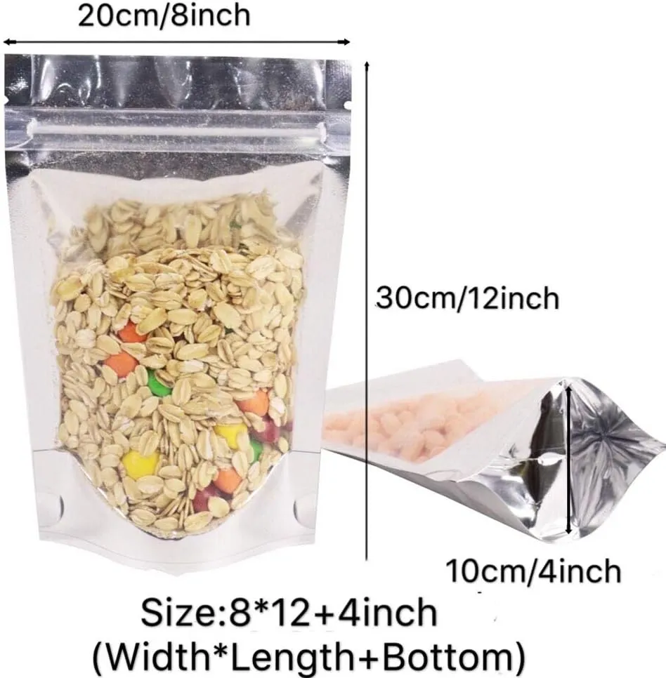 100PCS Resealable Smell Proof Bags with Clear Front Window, Zip Lock Stand Up Aluminum Foil Bags Mylar Food Storage Bags Pouch for Dry Food, Snack, Jewelry, Electronics（8x12 4inch）
