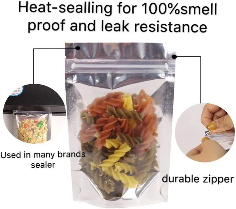 100PCS Resealable Smell Proof Bags with Clear Front Window, Zip Lock Stand Up Aluminum Foil Bags Mylar Food Storage Bags Pouch for Dry Food, Snack, Jewelry, Electronics（8x12 4inch）