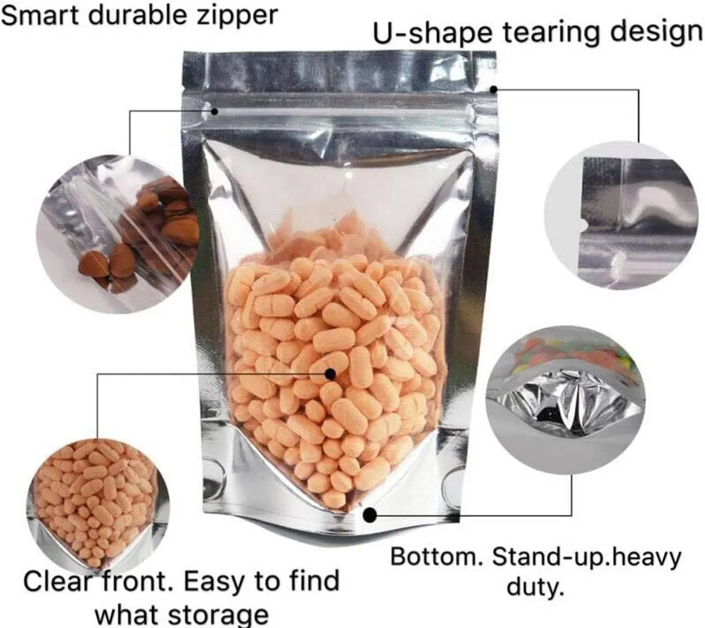 100PCS Resealable Smell Proof Bags with Clear Front Window, Zip Lock Stand Up Aluminum Foil Bags Mylar Food Storage Bags Pouch for Dry Food, Snack, Jewelry, Electronics（8x12 4inch）