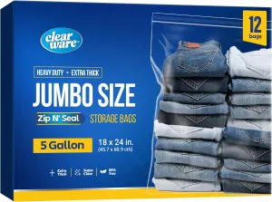 12 Large Storage Bags With Zipper Top - 5 Gallon Bags 18" x 24", Extra Large Plastic for Clothes, Travel, Moving, Large Reusable freezer bags, BPA-Free, 2-mil Thick