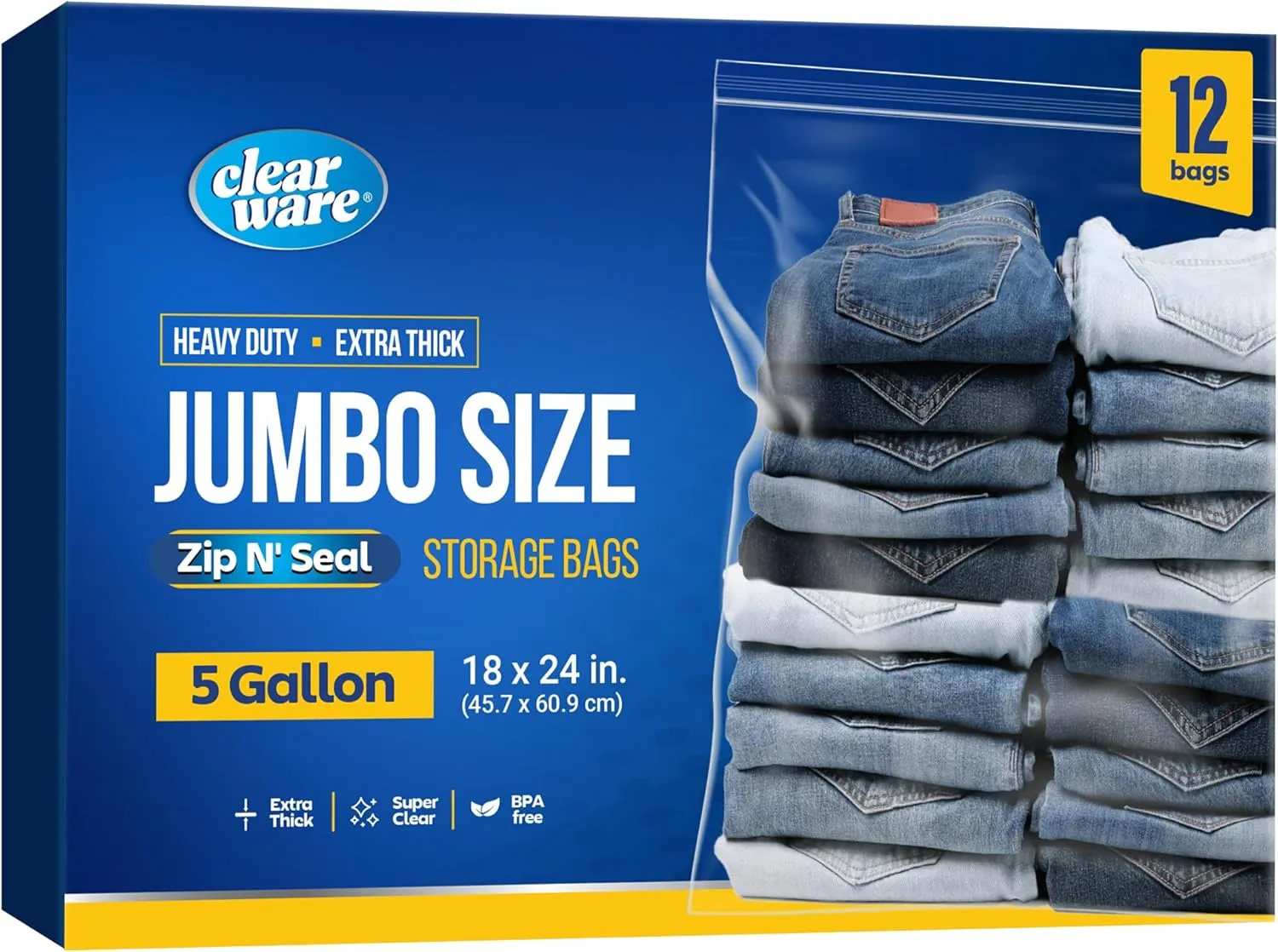 12 Large Storage Bags With Zipper Top - 5 Gallon Bags 18" x 24", Extra Large Plastic for Clothes, Travel, Moving, Large Reusable freezer bags, BPA-Free, 2-mil Thick