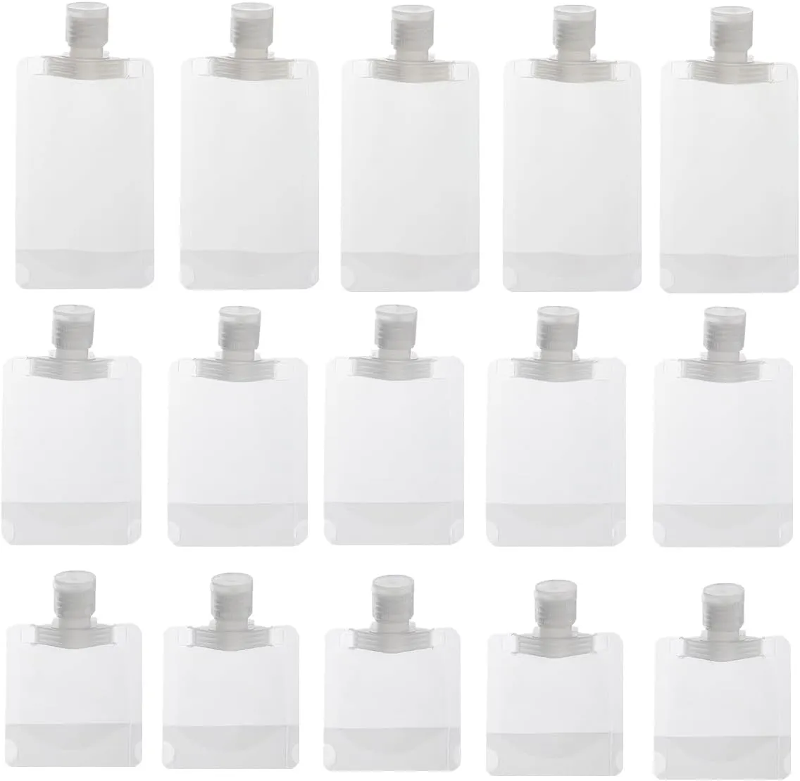 15Pcs Refillable Travel Pouches, 30ml/50ml/100ml Travel Pouches for Toiletries Approved Stand Up Pouch Portable Travel Fluid Makeup Packing Bag for Shampoo Conditioner Lotion Soap.
