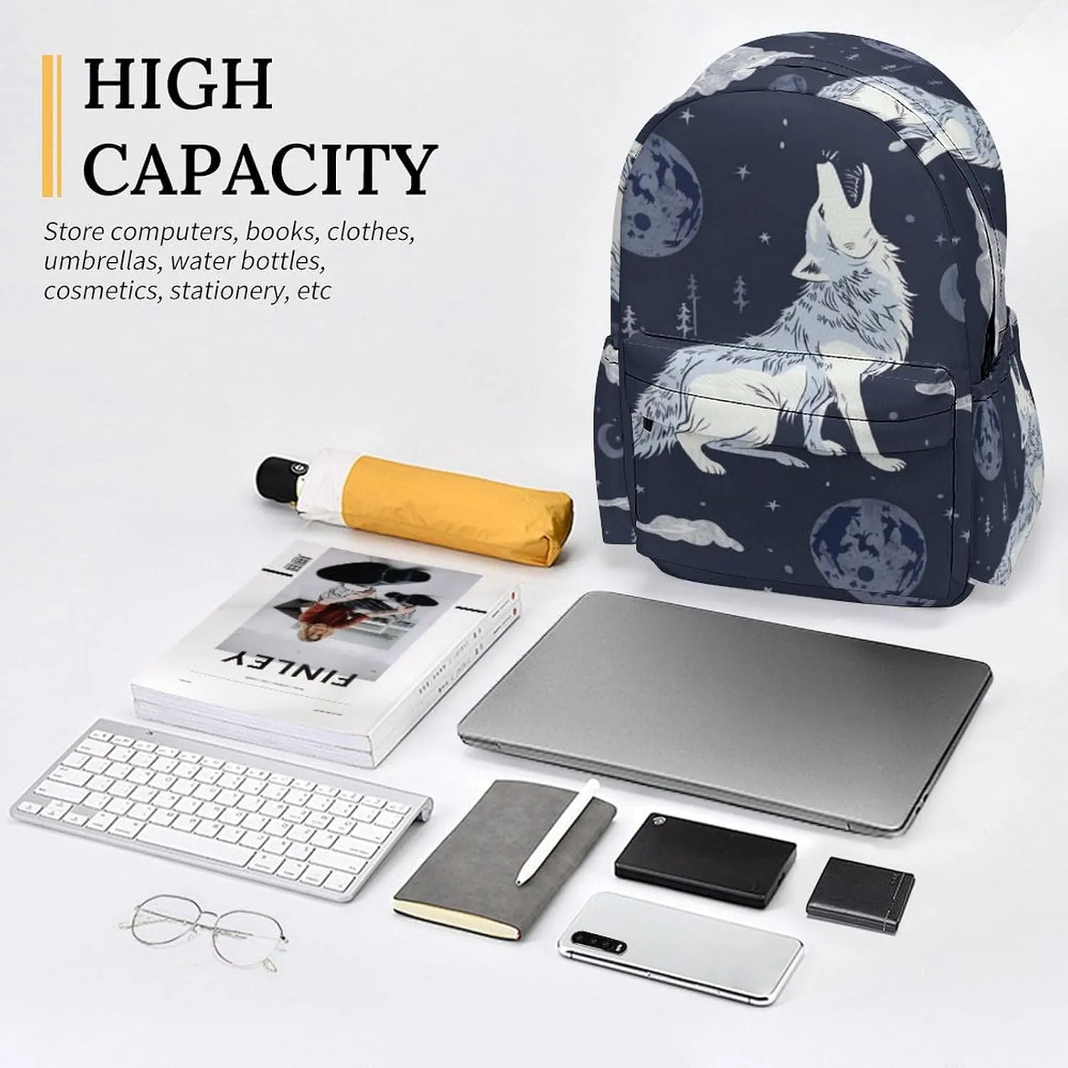 16 Inch Backpack Howling Wolf Moon Clouds Laptop Backpack School Bookbag Shoulder Bag Casual Daypack