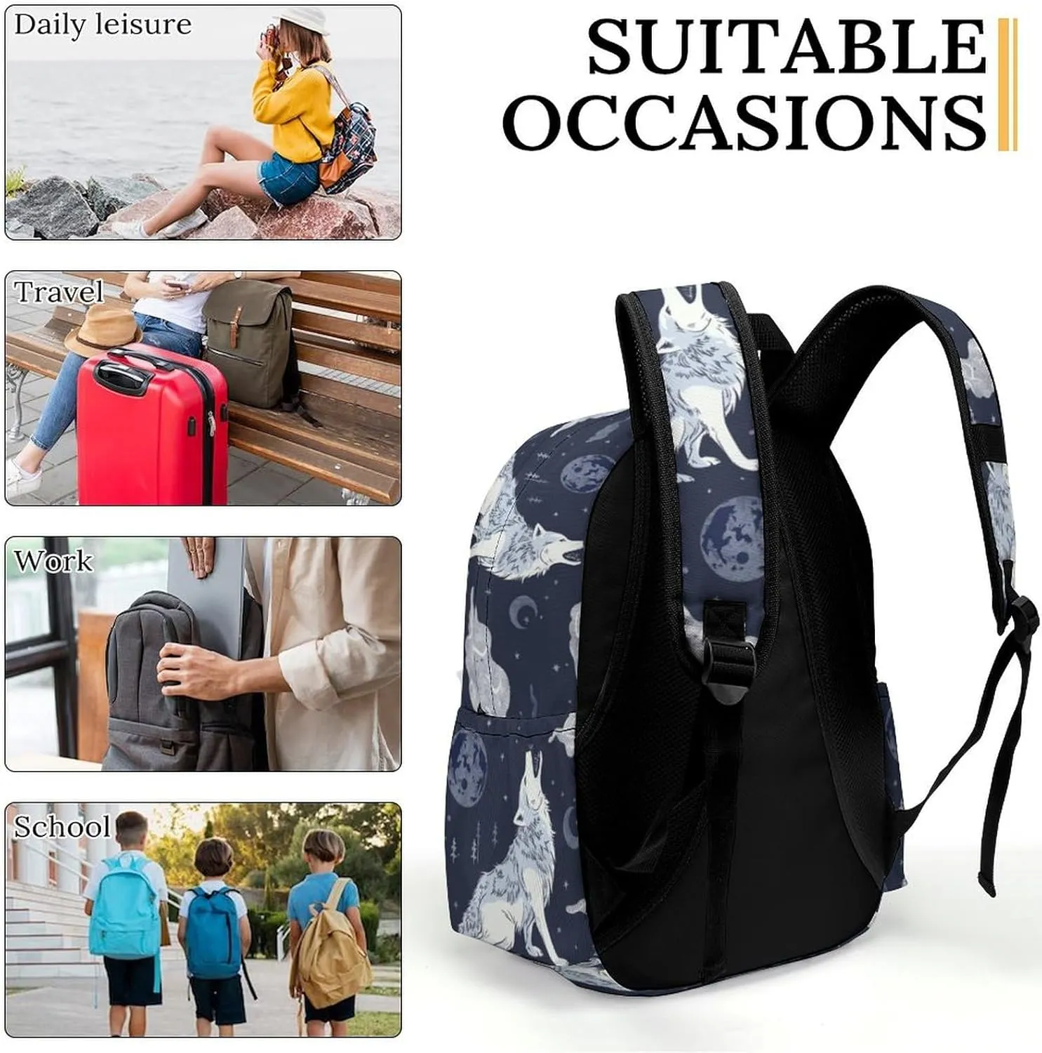 16 Inch Backpack Howling Wolf Moon Clouds Laptop Backpack School Bookbag Shoulder Bag Casual Daypack