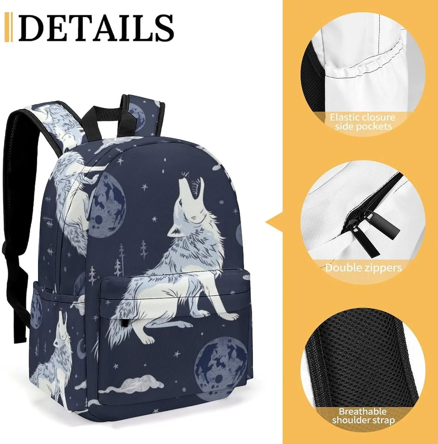 16 Inch Backpack Howling Wolf Moon Clouds Laptop Backpack School Bookbag Shoulder Bag Casual Daypack