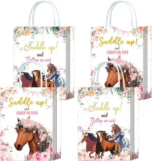 16 Pieces Horse Goodie Bags for Cowgirl Horse Birthday Party Supplies,Saddle Up and Gallop On Over Pink Floral Horse Gift Snacks Treat Candy Party Favors Bags with Handles