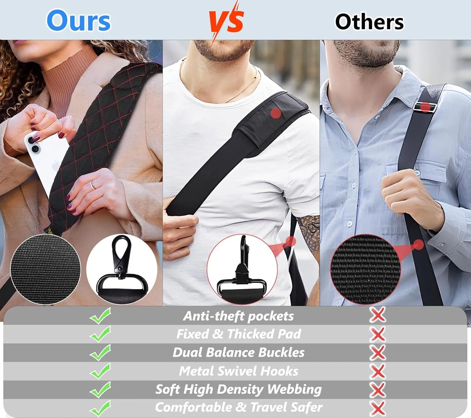 2 in 1 Anti-theft Bag Shoulder Strap with Pockets, 54 inch Travel Belt Ultra-Wide and Thick, Comfort and Stylish