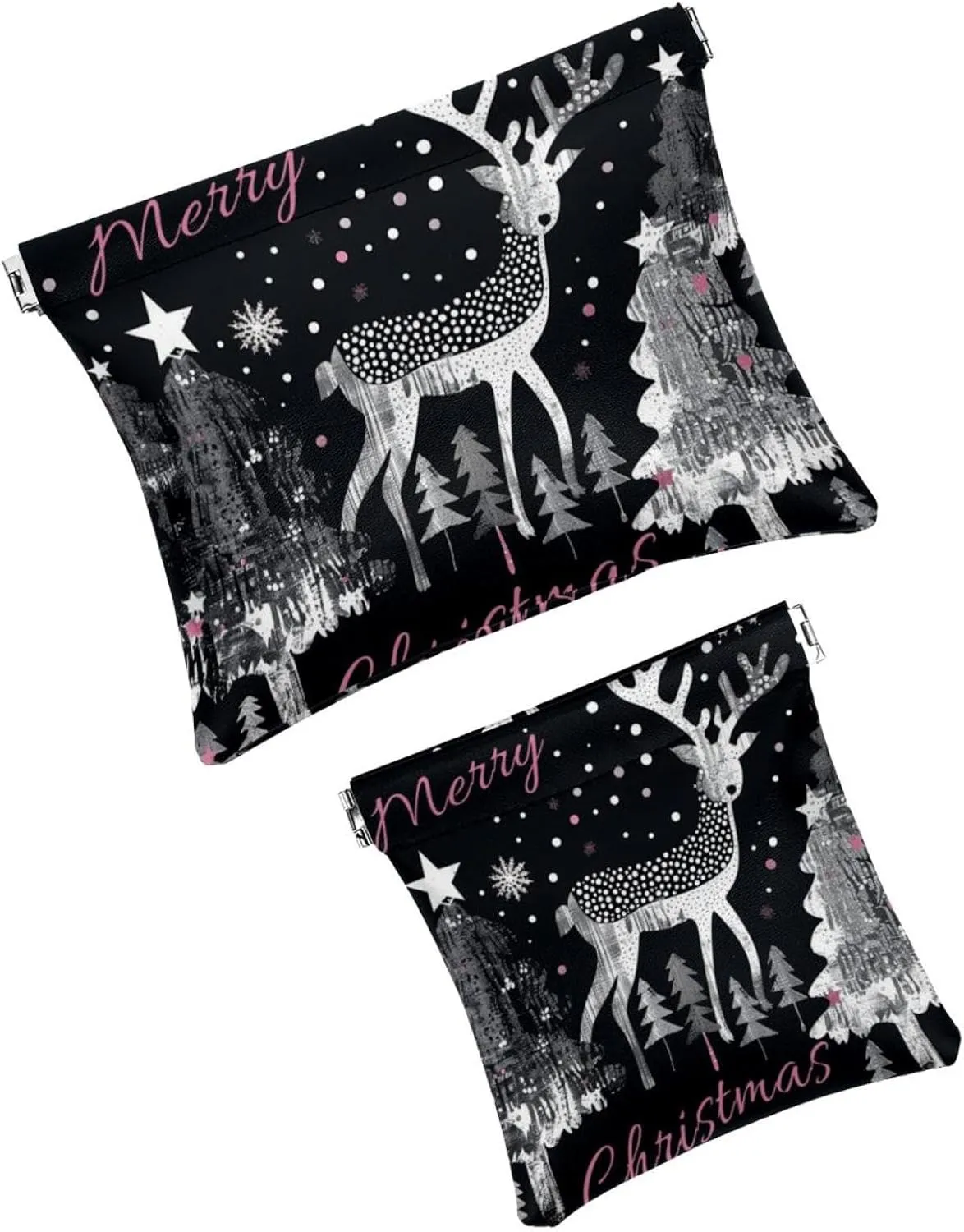 2 Pack Faux Leather Makeup Bag for Purse, Small Makeup Pouch for Purse, Self-Closing Pouches for Purse, Mini Makeup Pouch for Lipstick, Christmas Elk Tree Snowflake