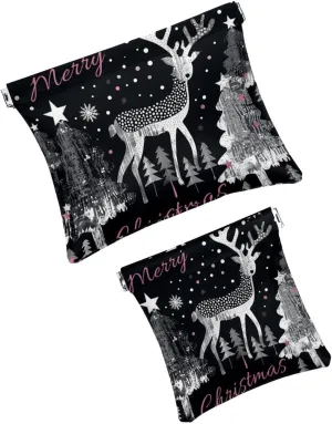 2 Pack Faux Leather Makeup Bag for Purse, Small Makeup Pouch for Purse, Self-Closing Pouches for Purse, Mini Makeup Pouch for Lipstick, Christmas Elk Tree Snowflake