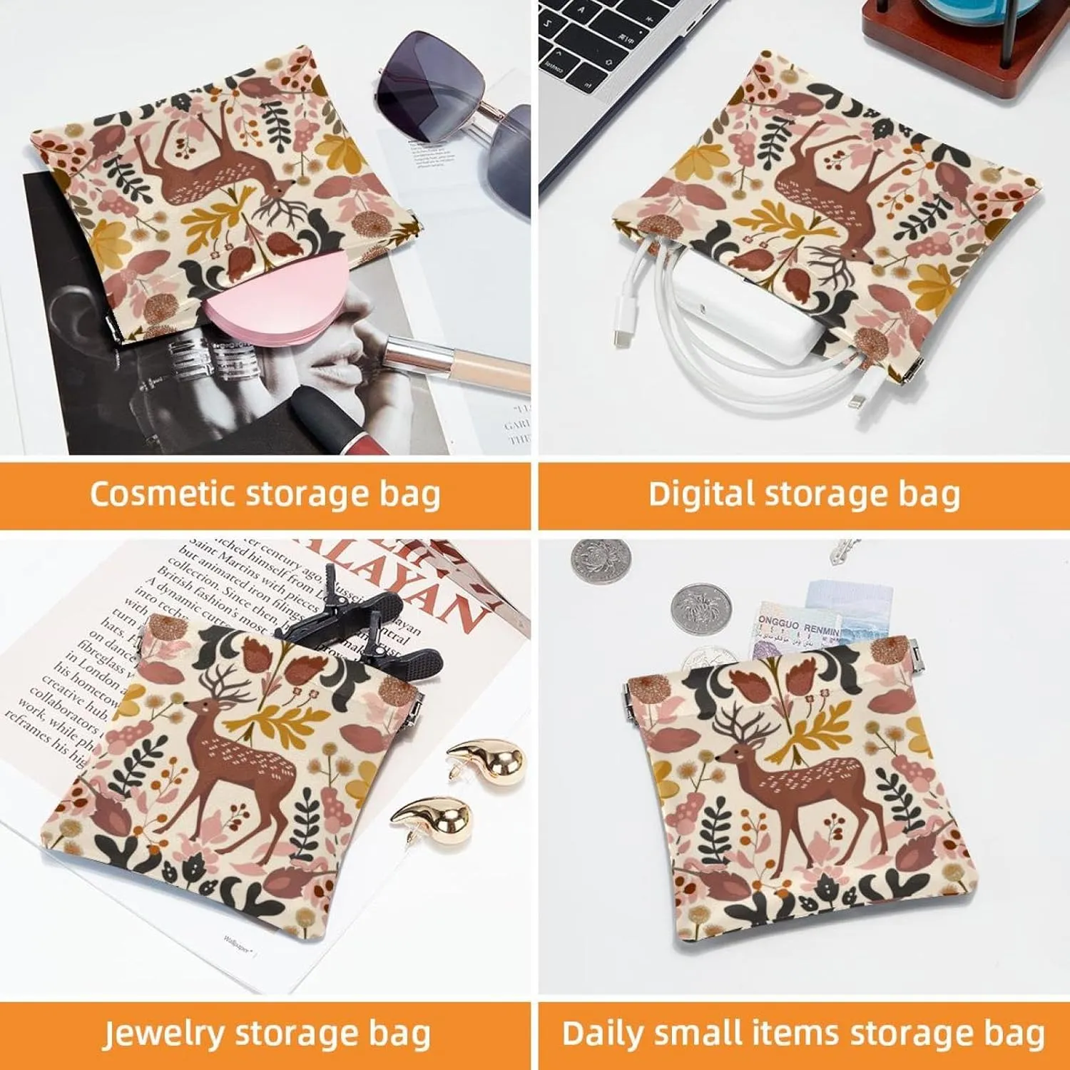 2 PCS Faux Leather Pocket Box, Small Travel Kit Storage Pouch, Waterproof Mini Bag Purse, Mini Travel Storage for Cosmetics, Fall Floral Elk Artistic Modern