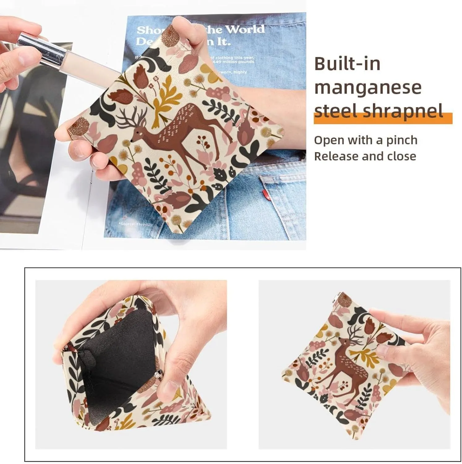 2 PCS Faux Leather Pocket Box, Small Travel Kit Storage Pouch, Waterproof Mini Bag Purse, Mini Travel Storage for Cosmetics, Fall Floral Elk Artistic Modern