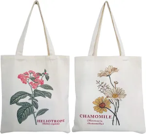 2 PCS Floral Tote Bag Aesthetic Flowers Botanical Shopping Bag Beautiful Flowers Reusable Grocery Bag for Women