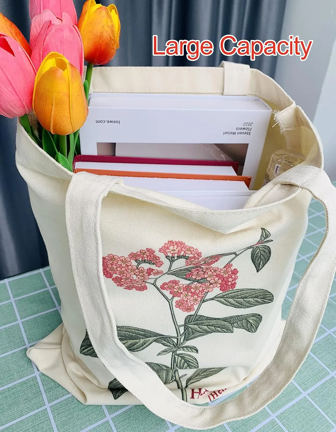 2 PCS Floral Tote Bag Aesthetic Flowers Botanical Shopping Bag Beautiful Flowers Reusable Grocery Bag for Women