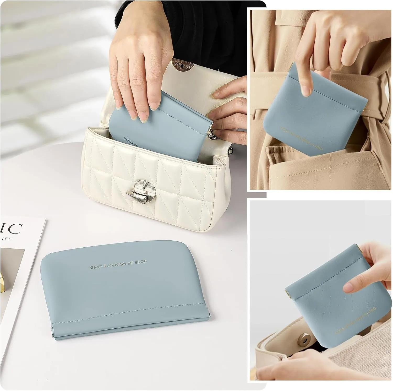 2 PCS Small Cosmetic Bag for Purse, Organosilicon Super Fiber Leather Mini Makeup Bag Coin Purse for Women, Snap Closure Travel Makeup Pouch for Lipstick Jewelry Key Change (Blue)