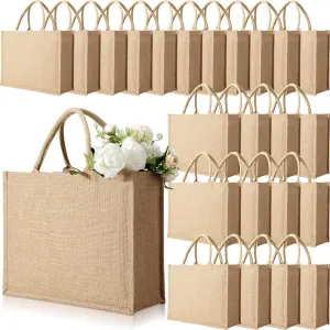 24-Pack Burlap Jute Tote Bags - Bulk Large Gift Totes with Handles - Reusable Grocery Shopping Bags for Beach, Wedding, DIY Decoration