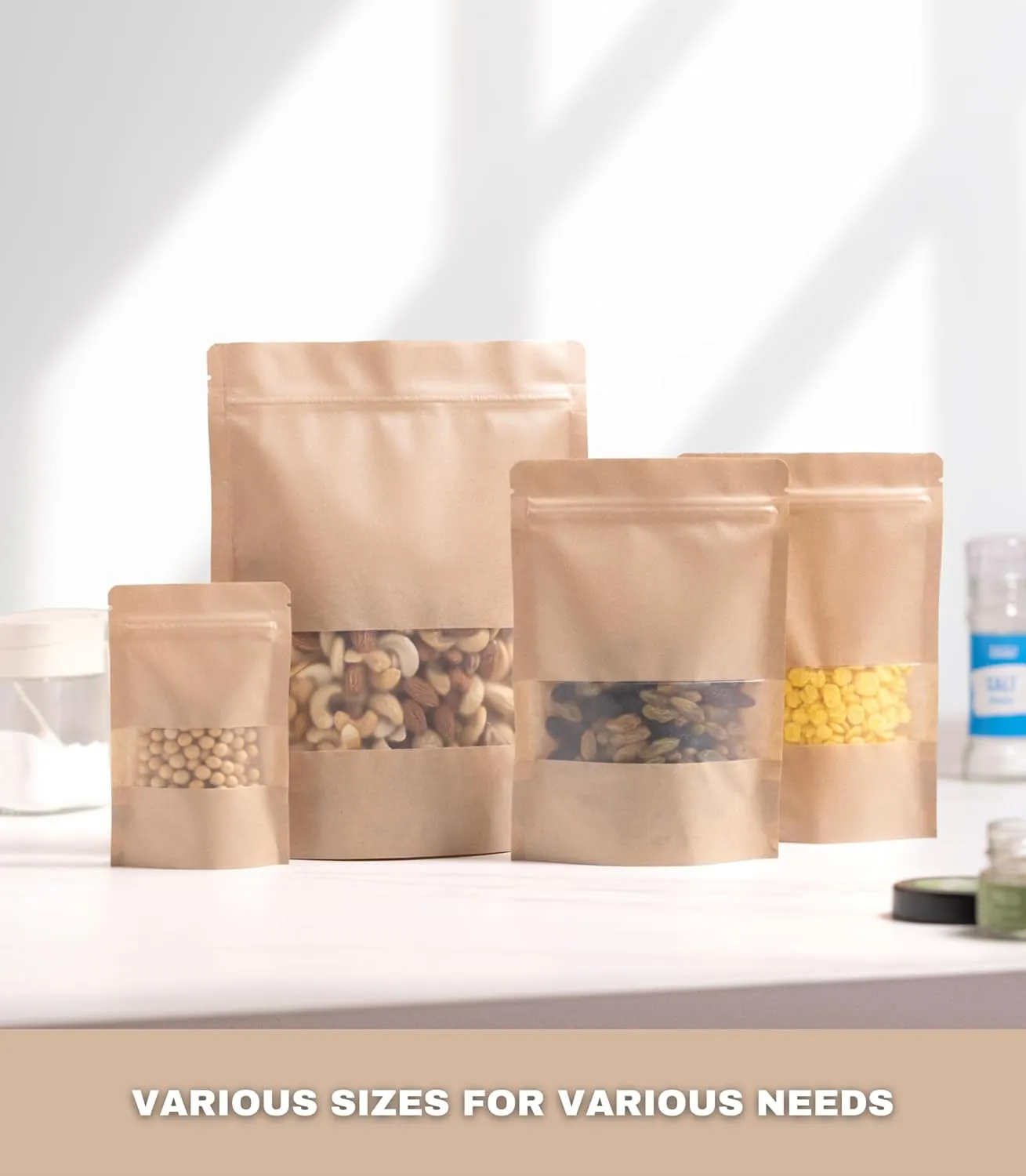 24/7 Bags- 100 Pack, Kraft Paper Stand Up Pouch Bag- 7.8" x 10", Resealable Zip-Lock with Front Window, Zero BPA, Easy Tear Notch, Self Stand Up, Food Grade Interior Coating