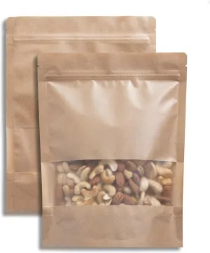 24/7 Bags- 100 Pack, Kraft Paper Stand Up Pouch Bag- 7.8" x 10", Resealable Zip-Lock with Front Window, Zero BPA, Easy Tear Notch, Self Stand Up, Food Grade Interior Coating