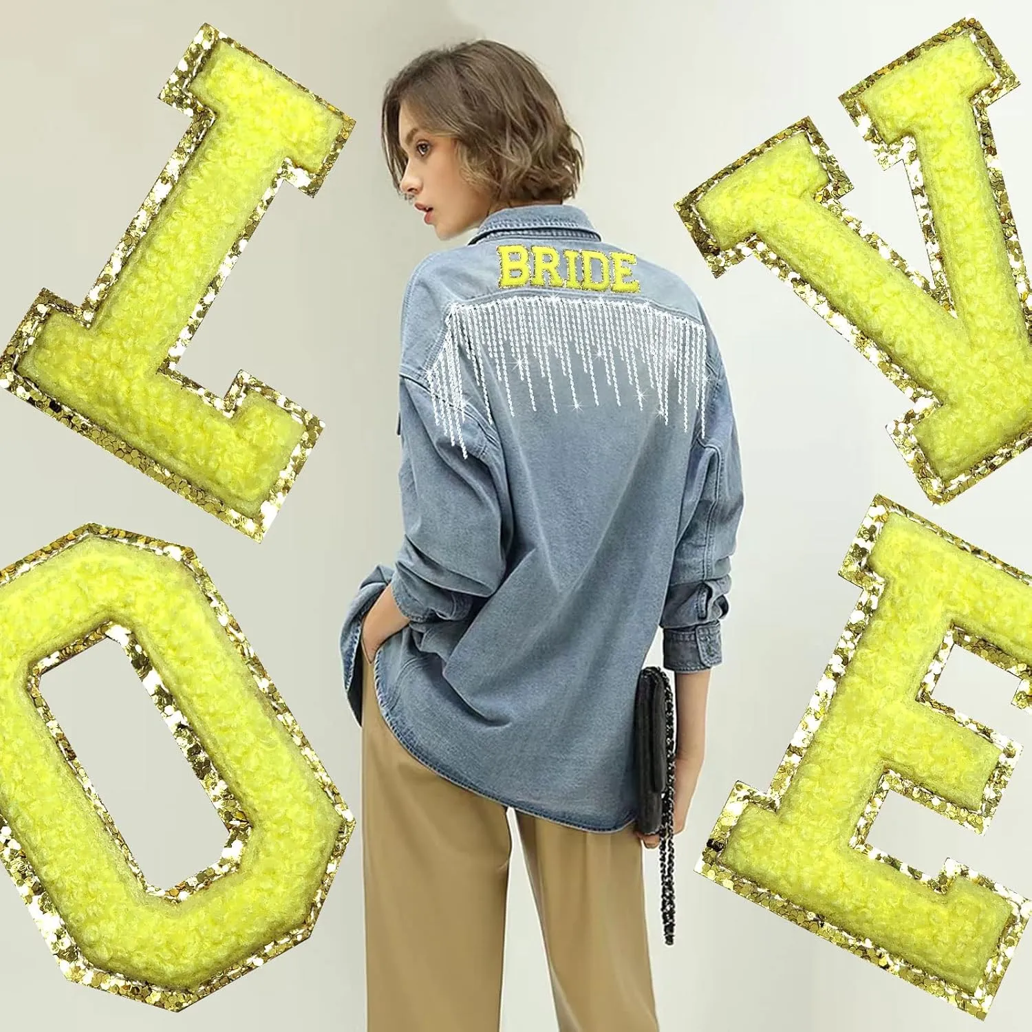 26pcs Self-Adhesive Embroidered Gold Glitter Letter Patches Chenille Letter Repair Iron on Patches Appliques for Fabric, Clothes, Bags Craft Supplies(Fresh Lemon)