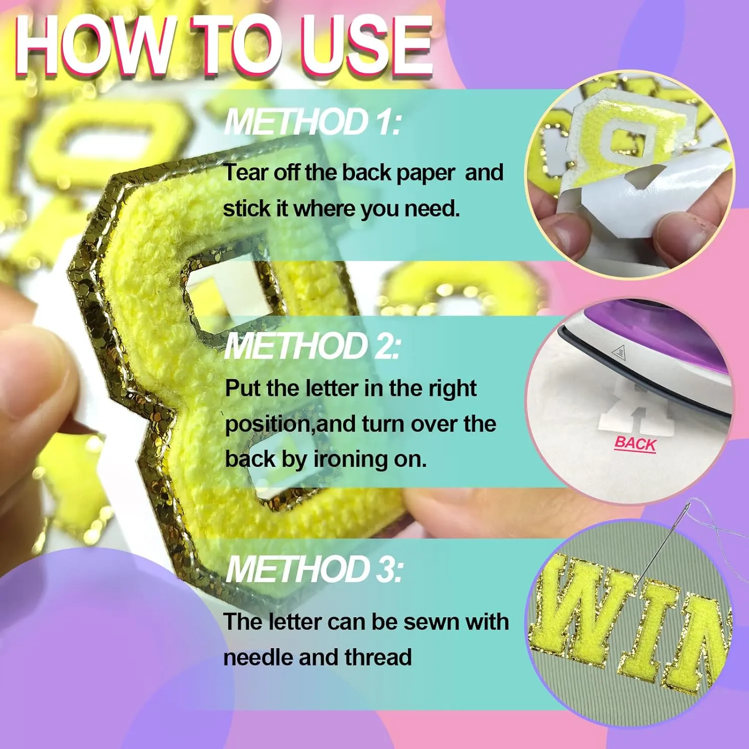 26pcs Self-Adhesive Embroidered Gold Glitter Letter Patches Chenille Letter Repair Iron on Patches Appliques for Fabric, Clothes, Bags Craft Supplies(Fresh Lemon)