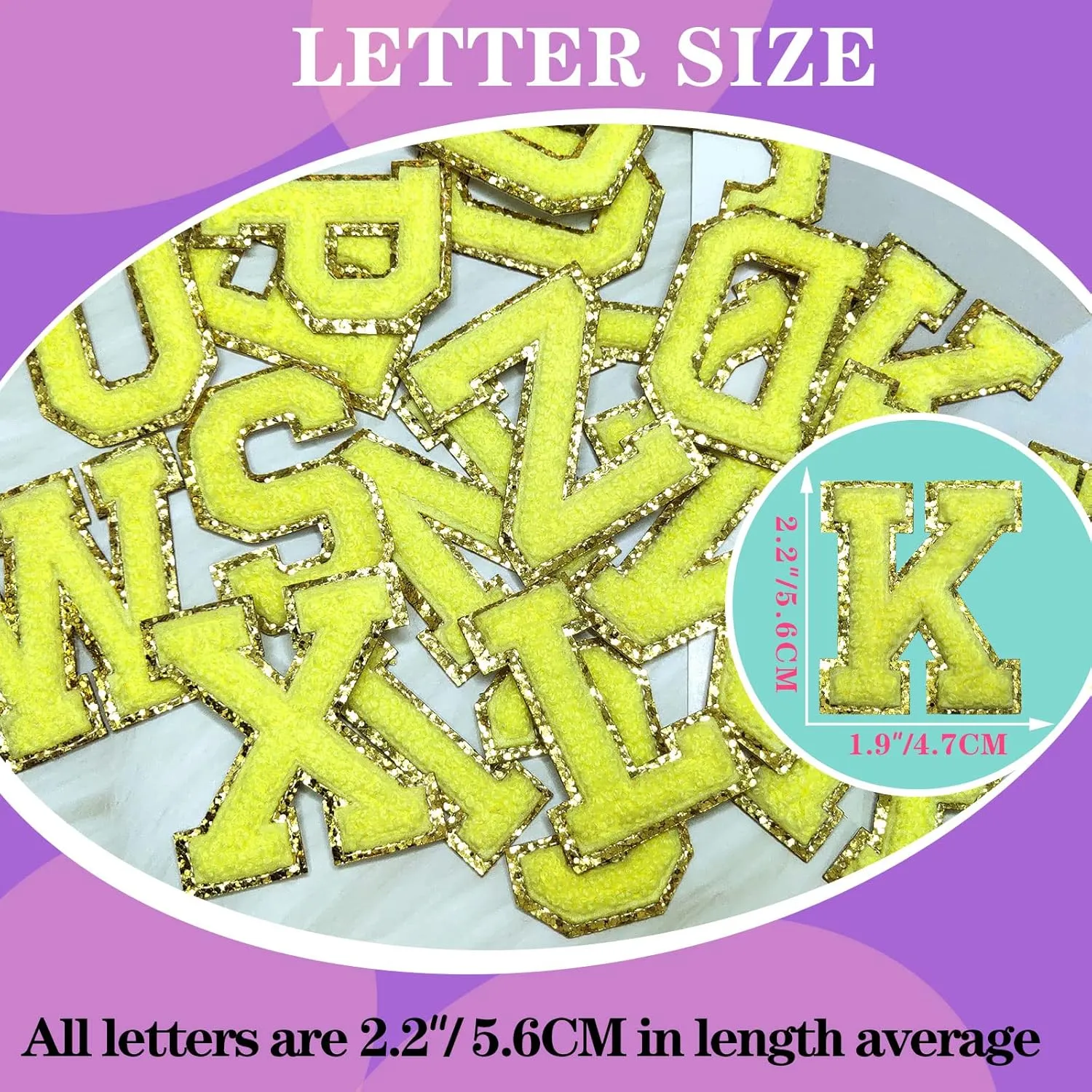 26pcs Self-Adhesive Embroidered Gold Glitter Letter Patches Chenille Letter Repair Iron on Patches Appliques for Fabric, Clothes, Bags Craft Supplies(Fresh Lemon)