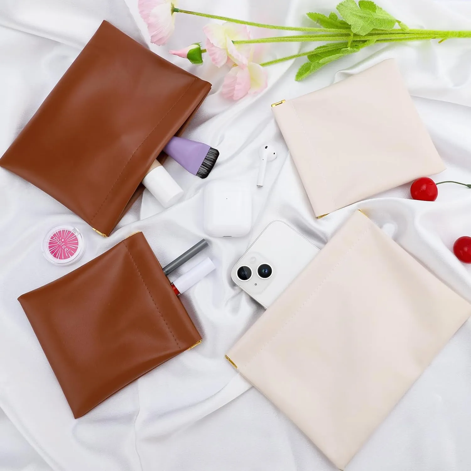 4 PCS Ladies Small Makeup Bag for Purse,Small Makeup Pouch Purse,Mini Cosmetic Bag for Travel,Pouchic Snap Closure Pouches,Coin Pouch(Brown Cream)