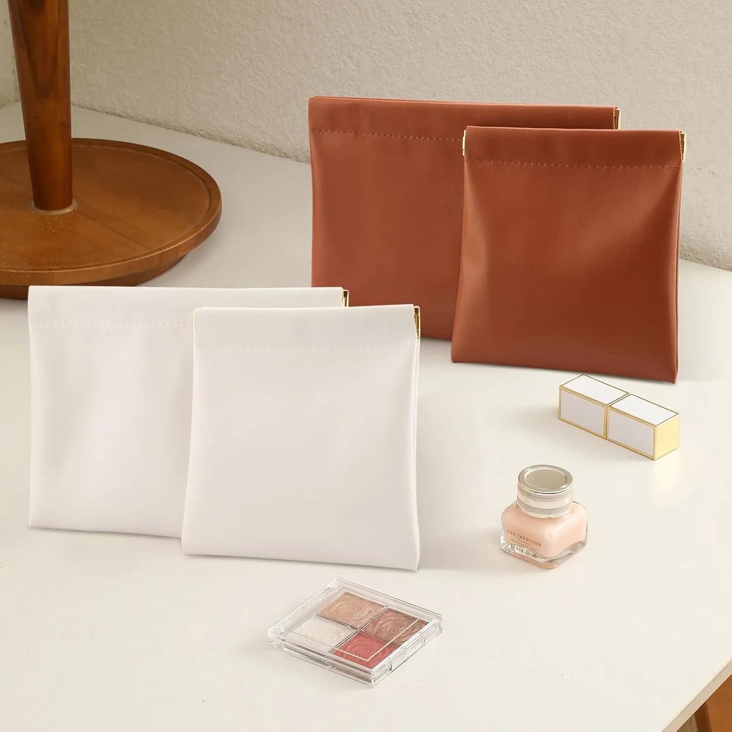 4 PCS Ladies Small Makeup Bag for Purse,Small Makeup Pouch Purse,Mini Cosmetic Bag for Travel,Pouchic Snap Closure Pouches,Coin Pouch(Brown Cream)