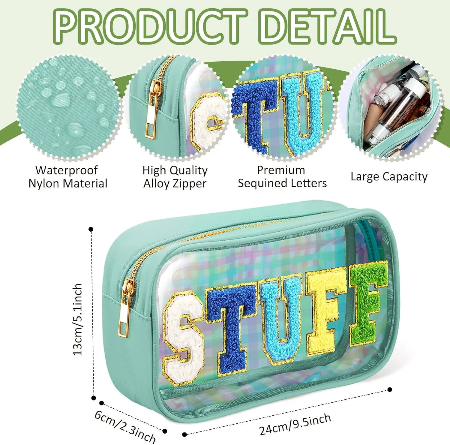 4 Pieces Chenille Letter Cosmetic Bag Set Nylon PVC Clear Waterproof Makeup Pouch Stuff Hair Travel Bag Zipper Multi Purpose Aesthetics Toiletry Organizer for Women Gym Travel Beach (Colorful)