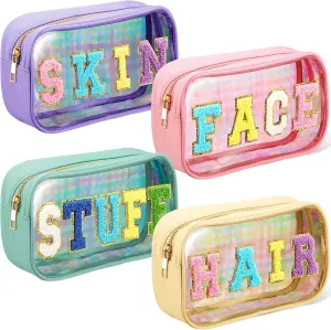 4 Pieces Chenille Letter Cosmetic Bag Set Nylon PVC Clear Waterproof Makeup Pouch Stuff Hair Travel Bag Zipper Multi Purpose Aesthetics Toiletry Organizer for Women Gym Travel Beach (Colorful)