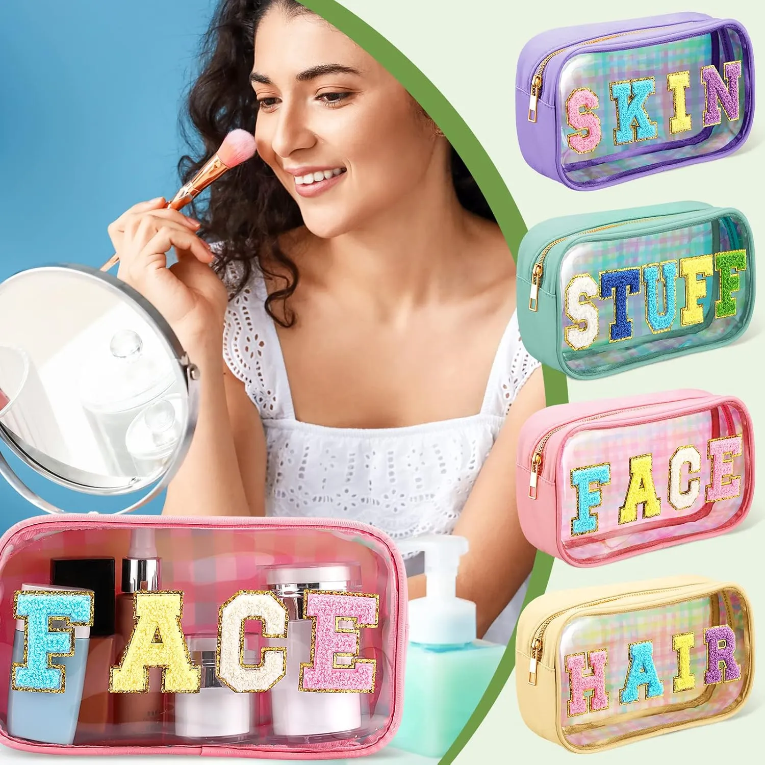 4 Pieces Chenille Letter Cosmetic Bag Set Nylon PVC Clear Waterproof Makeup Pouch Stuff Hair Travel Bag Zipper Multi Purpose Aesthetics Toiletry Organizer for Women Gym Travel Beach (Colorful)
