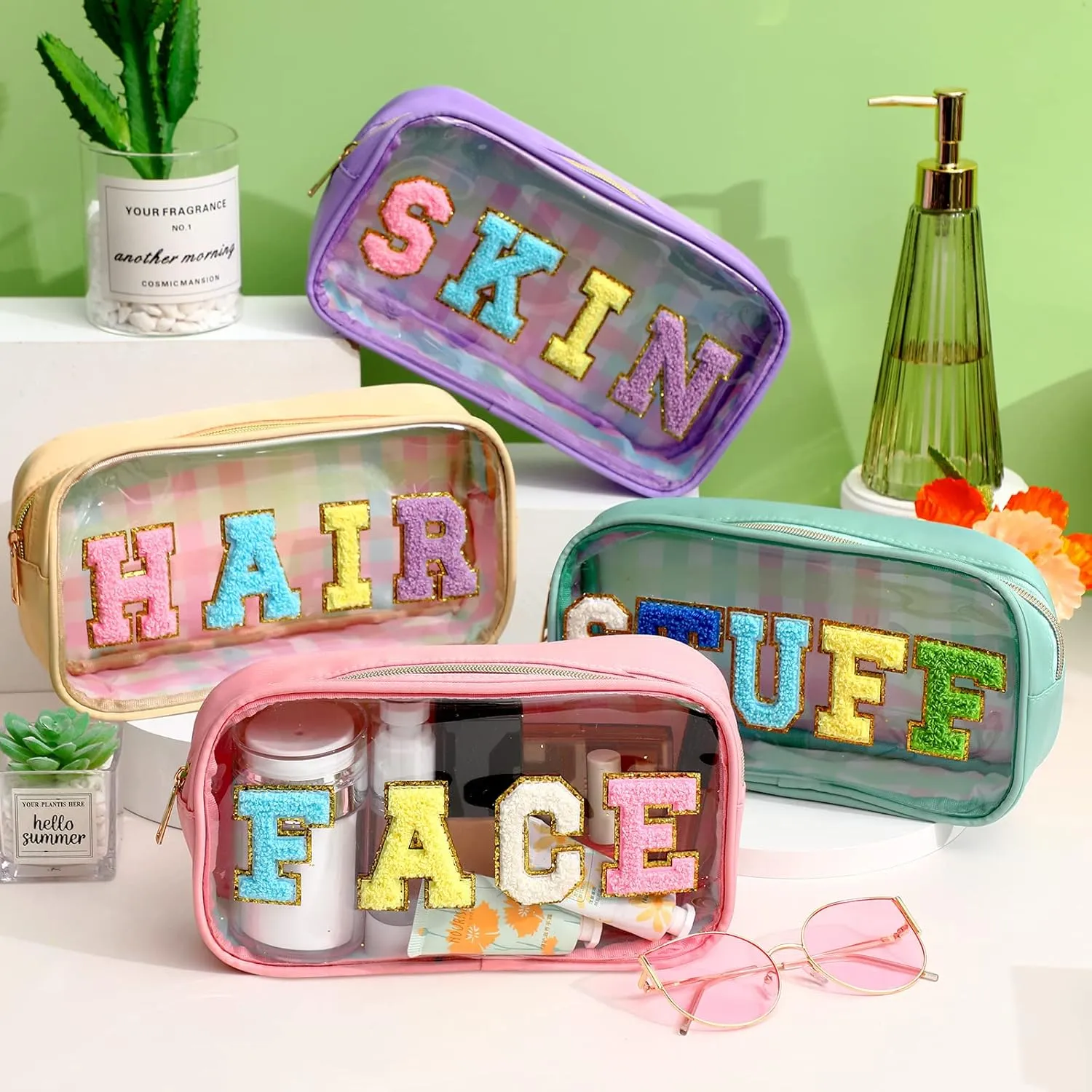 4 Pieces Chenille Letter Cosmetic Bag Set Nylon PVC Clear Waterproof Makeup Pouch Stuff Hair Travel Bag Zipper Multi Purpose Aesthetics Toiletry Organizer for Women Gym Travel Beach (Colorful)
