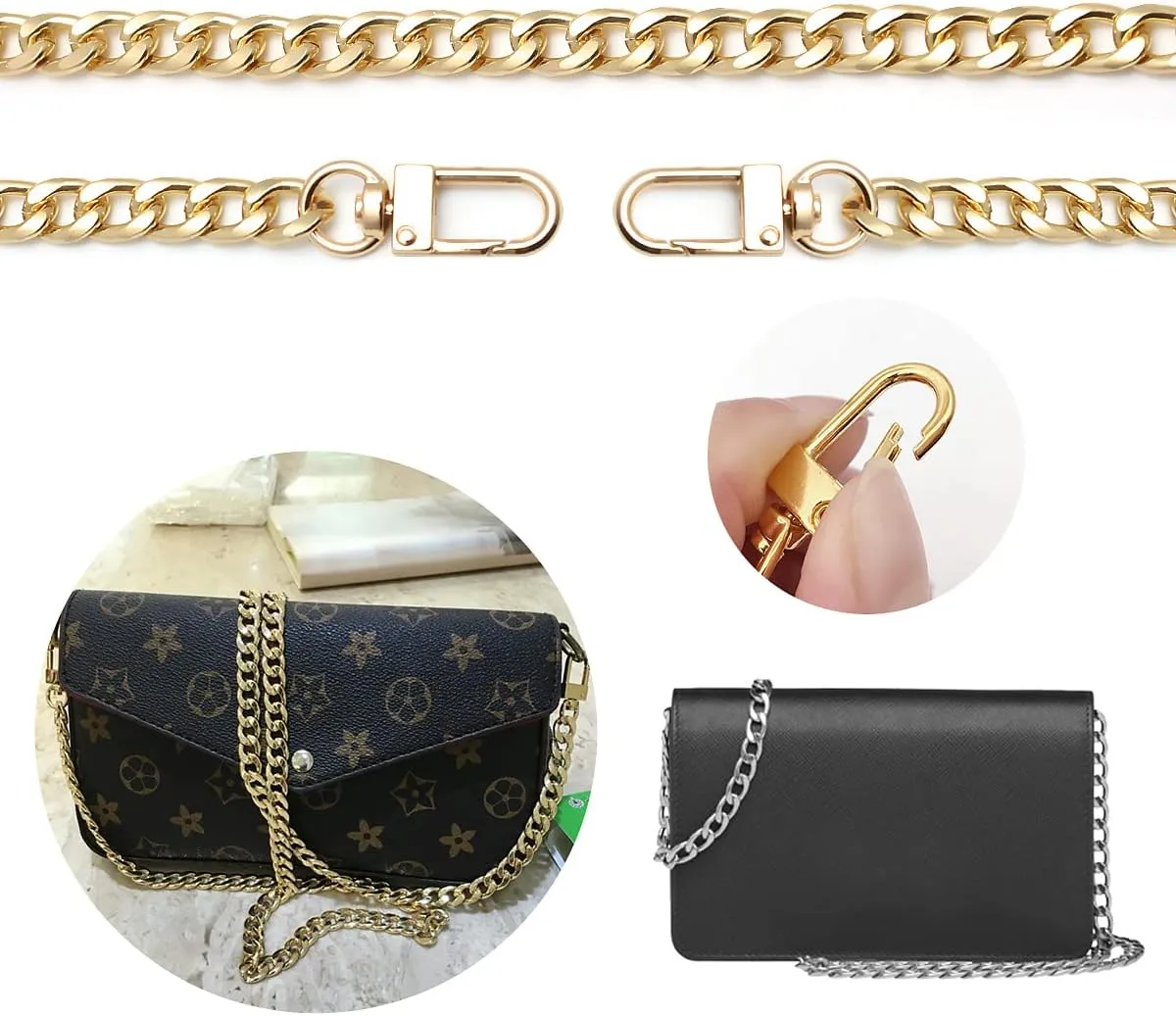 4 Pieces Different Sizes DIY iron flat chain belt, handbag replacement belt, shoulder belt, wallet chain belt, metal buckle(7.9 inch, 15.7 inch, 31.5 inch, 47.2 inch) Gold