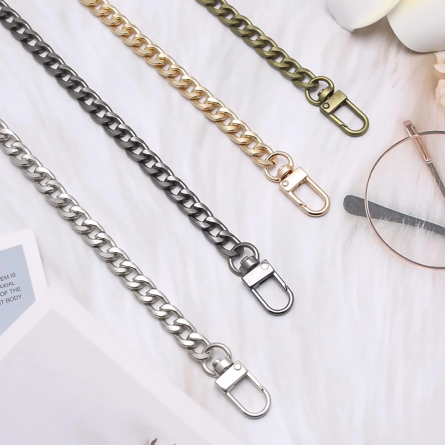 4 Pieces Different Sizes DIY iron flat chain belt, handbag replacement belt, shoulder belt, wallet chain belt, metal buckle(7.9 inch, 15.7 inch, 31.5 inch, 47.2 inch) Gold
