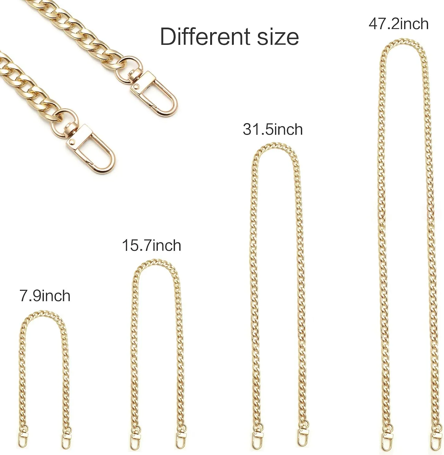 4 Pieces Different Sizes DIY iron flat chain belt, handbag replacement belt, shoulder belt, wallet chain belt, metal buckle(7.9 inch, 15.7 inch, 31.5 inch, 47.2 inch) Gold