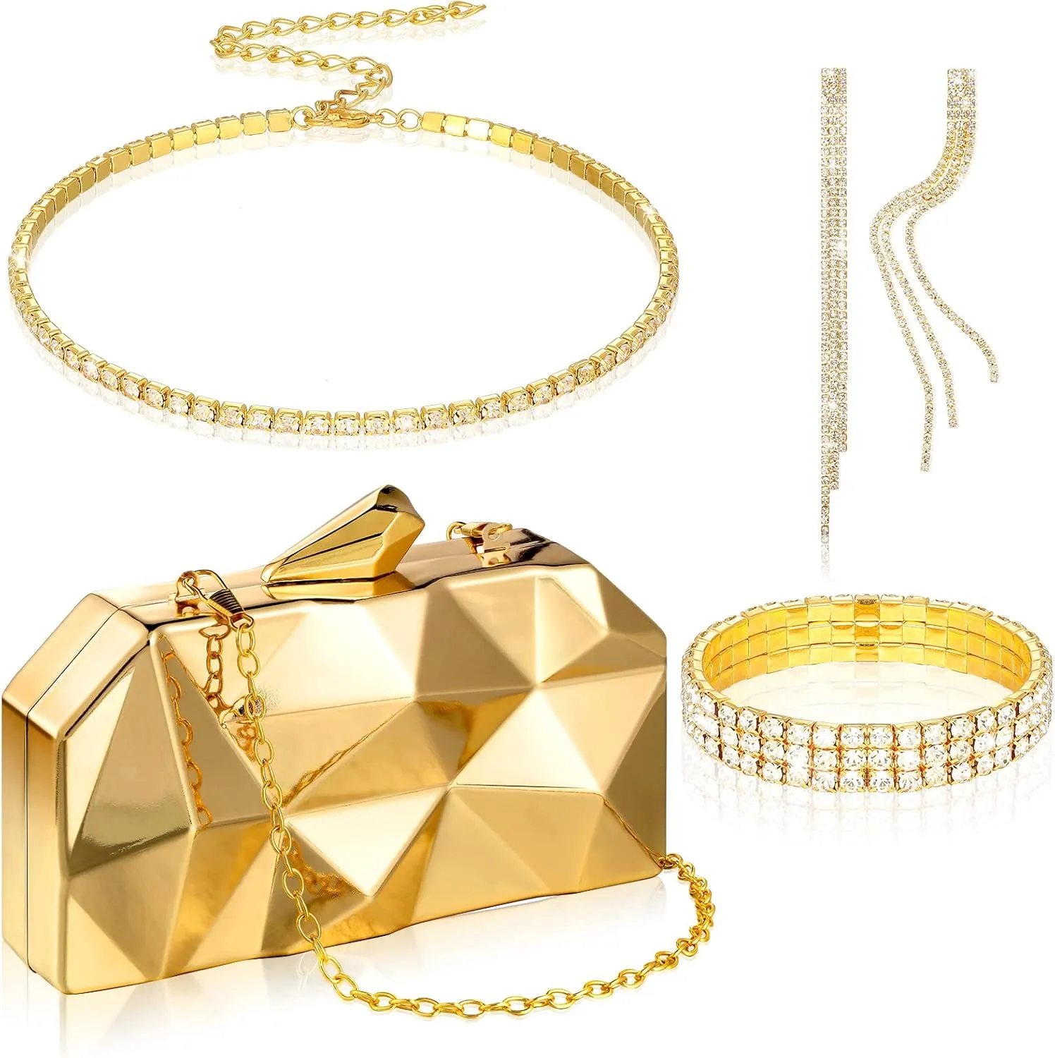 4 Pieces Women Lattice Pattern Metal Handbag Chain Geometric Evening Clutch Purse Gold Rhinestone Rectangle Dangle Earrings Bridal Wedding Choker Bracelet Dangle Bling Glitter Purse