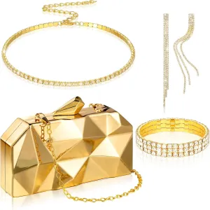 4 Pieces Women Lattice Pattern Metal Handbag Chain Geometric Evening Clutch Purse Gold Rhinestone Rectangle Dangle Earrings Bridal Wedding Choker Bracelet Dangle Bling Glitter Purse