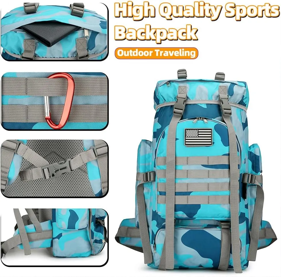 45L Hiking Backpack Waterproof Travel Backpack Lightweight Outdoor Daypack Camping Backpack for Men Women (Blue Camo)