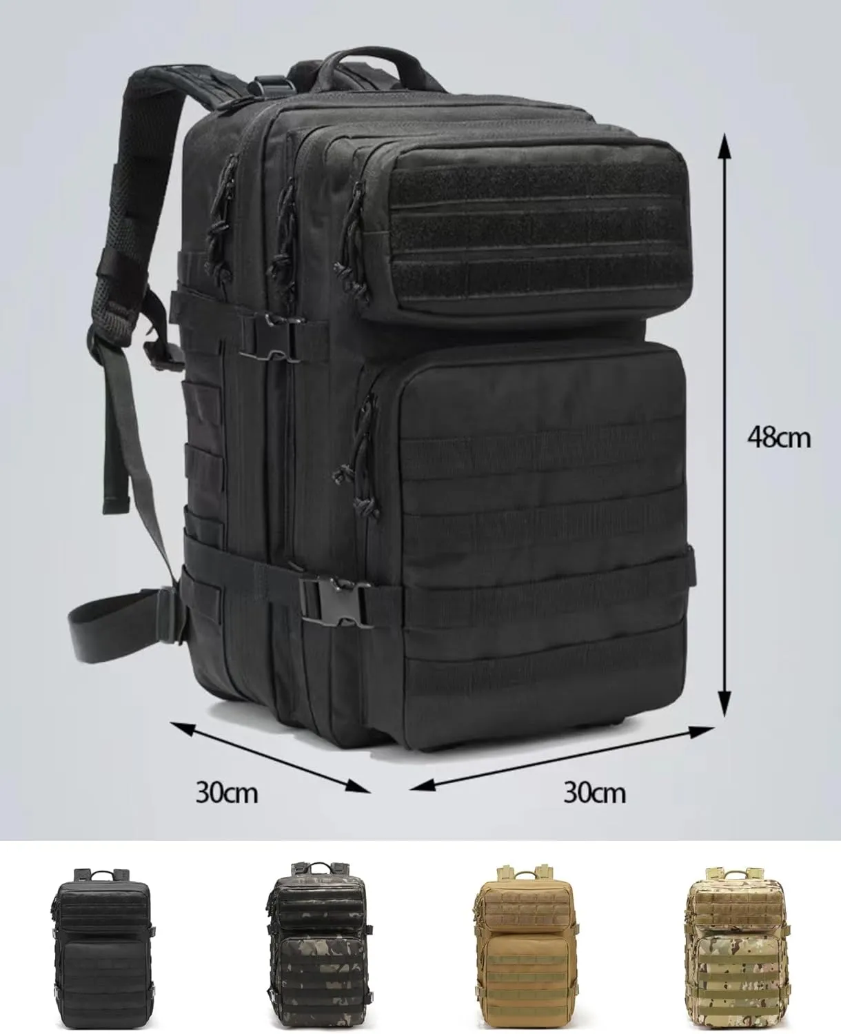 45L Military Tactical Backpack Molle Army Assault Pack 3-Day Bug Out Bag for Hiking, Camping & Outdoor Survival - Black