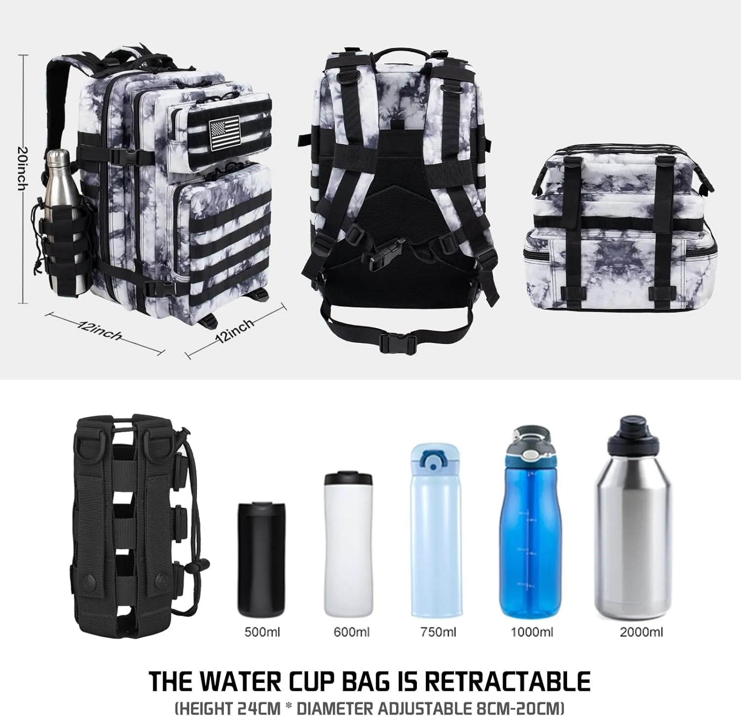 45L Military Tactical Backpacks For Men Camping Hiking Trekking Daypack With Removable Water Bottle Pouch Bug Out Bag Lage MOLLE 3 Day Assault Pack - Balck White Cmao Pack