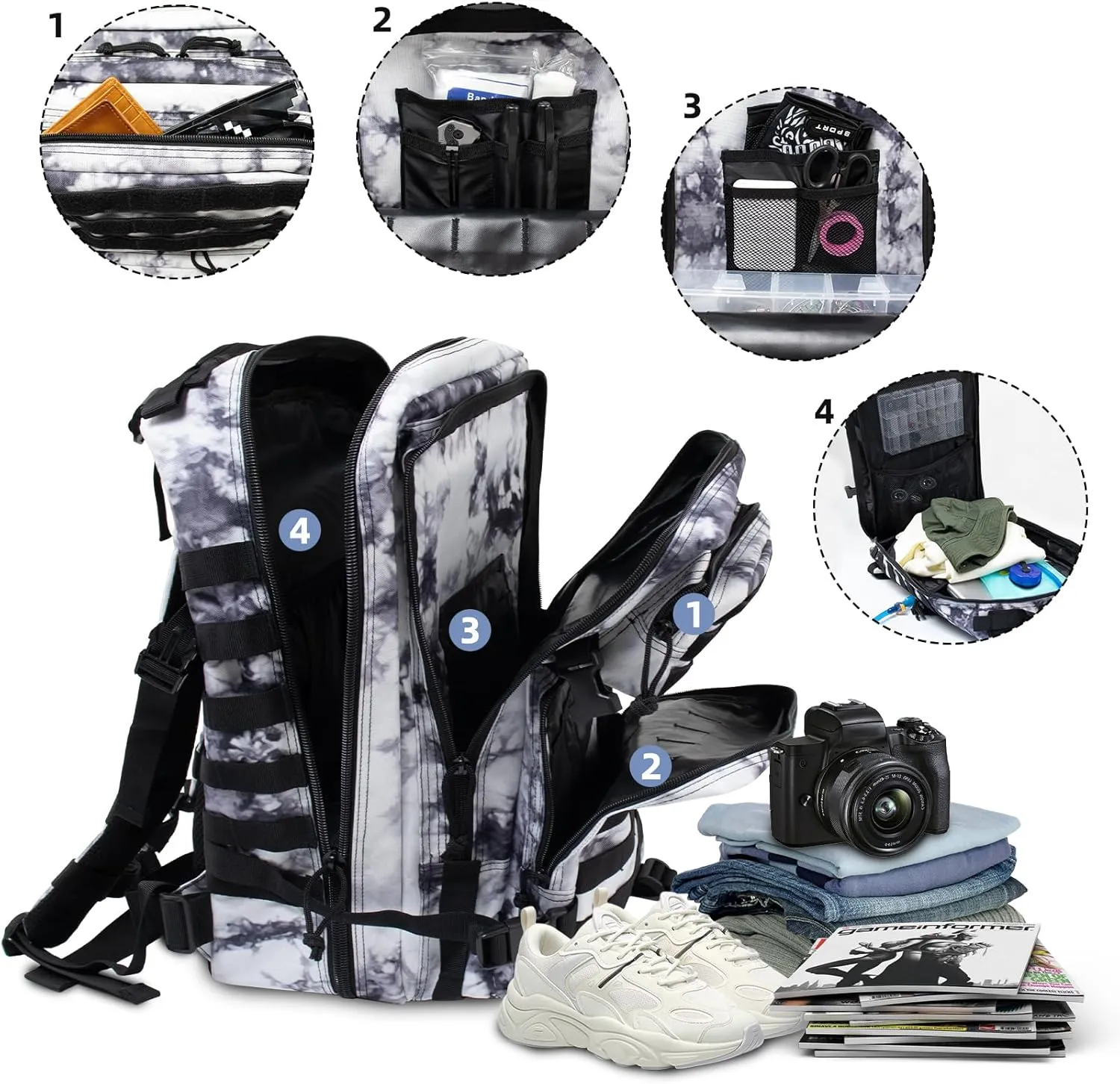 45L Military Tactical Backpacks For Men Camping Hiking Trekking Daypack With Removable Water Bottle Pouch Bug Out Bag Lage MOLLE 3 Day Assault Pack - Balck White Cmao Pack