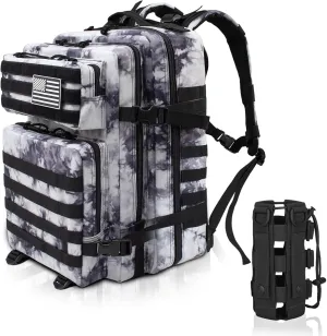 45L Military Tactical Backpacks For Men Camping Hiking Trekking Daypack With Removable Water Bottle Pouch Bug Out Bag Lage MOLLE 3 Day Assault Pack - Balck White Cmao Pack