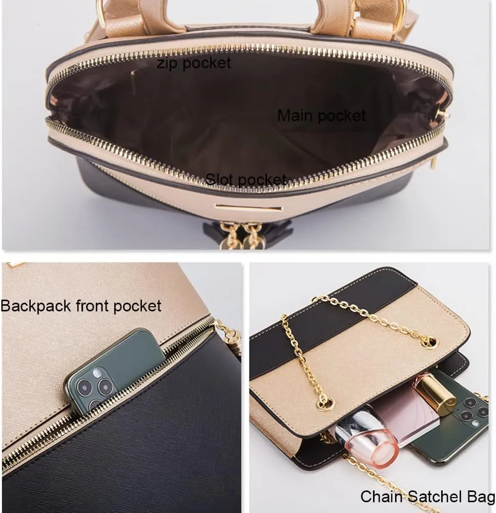 4Pcs Backpack and Purse Sets for Women Vegan Leather Handbags Chain Satchel Crossbody Shoulder Bag Belt Bag Clutch Wallet-White
