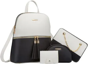 4Pcs Backpack and Purse Sets for Women Vegan Leather Handbags Chain Satchel Crossbody Shoulder Bag Belt Bag Clutch Wallet-White