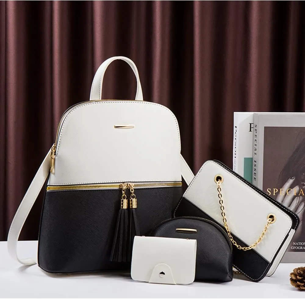 4Pcs Backpack and Purse Sets for Women Vegan Leather Handbags Chain Satchel Crossbody Shoulder Bag Belt Bag Clutch Wallet-White