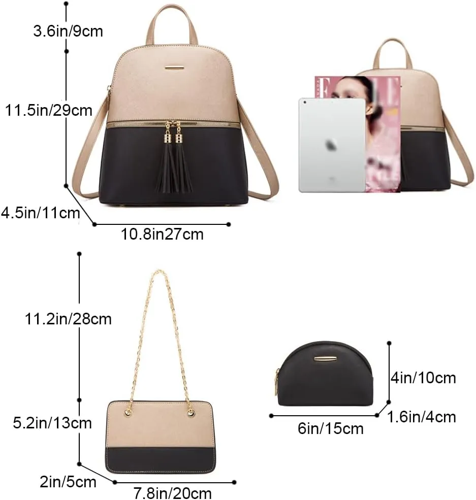 4Pcs Backpack and Purse Sets for Women Vegan Leather Handbags Chain Satchel Crossbody Shoulder Bag Belt Bag Clutch Wallet-White