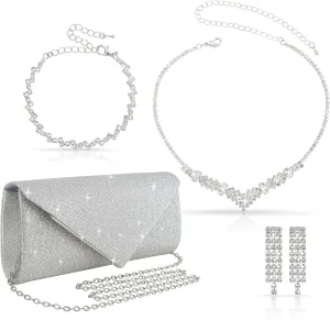 4Pcs Silver Clutch Bag Jewelry Set For Women Rhinestone Shiny Evening Purse Handbag Clutches Purses For Wedding Party Gift (Elegant Style)