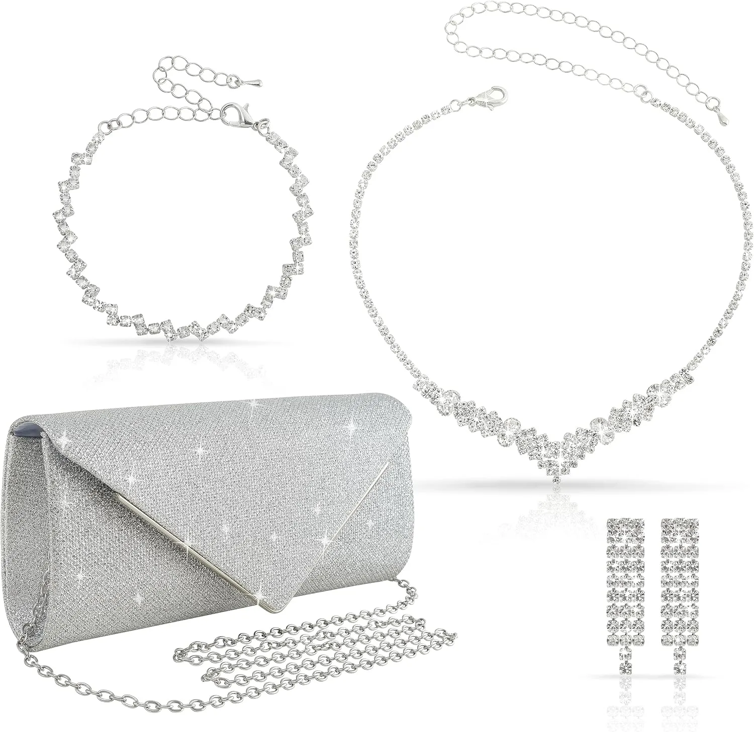 4Pcs Silver Clutch Bag Jewelry Set For Women Rhinestone Shiny Evening Purse Handbag Clutches Purses For Wedding Party Gift (Elegant Style)