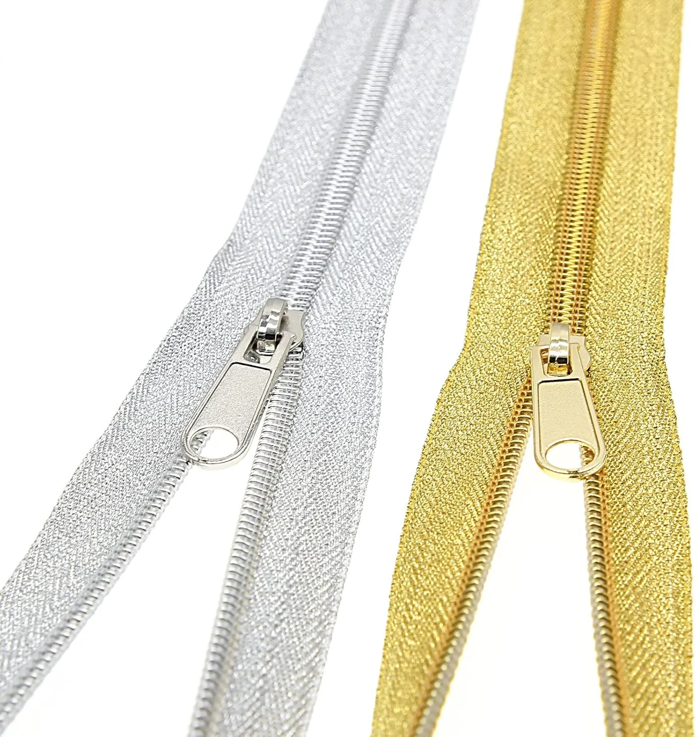 #5 Metallic Nylon Coil Zippers by The Yard,Bulk 5 Yards Gold 5 Yards Silver Metallic Teeth Sewing Zipper for DIY Tailor Crafts Bags,Each Color with 10 PCS Pulls Sliders,SHUNLI